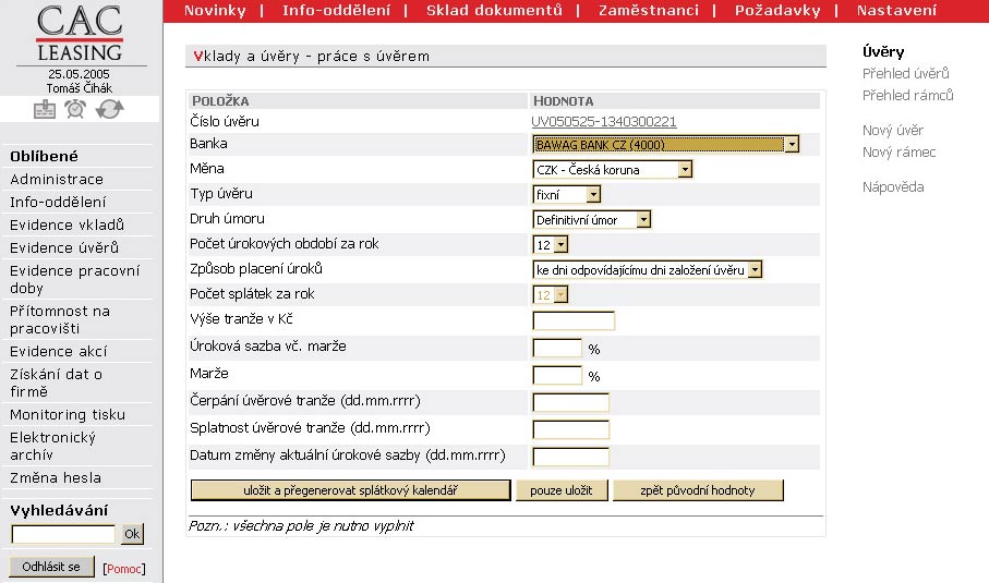 Evidence úvěrů pro CAC LEASING