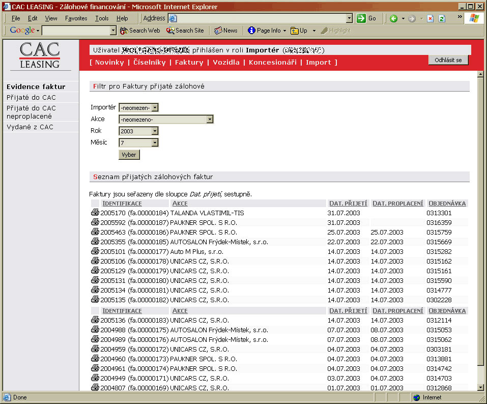 Evidence pošty pro CAC LEASING